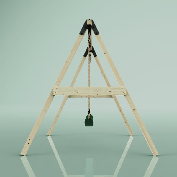 Doppelschaukel aus hellem Holz mit zwei grünen Schaukelsitzen an Seilen und stabilen schwarzen Metallverbindungen.