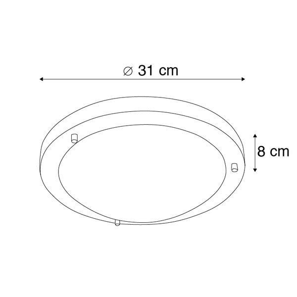 Maßzeichnung einer runden Deckenleuchte mit einem Durchmesser von 31 Zentimetern und einer Höhe von 8 Zentimetern.