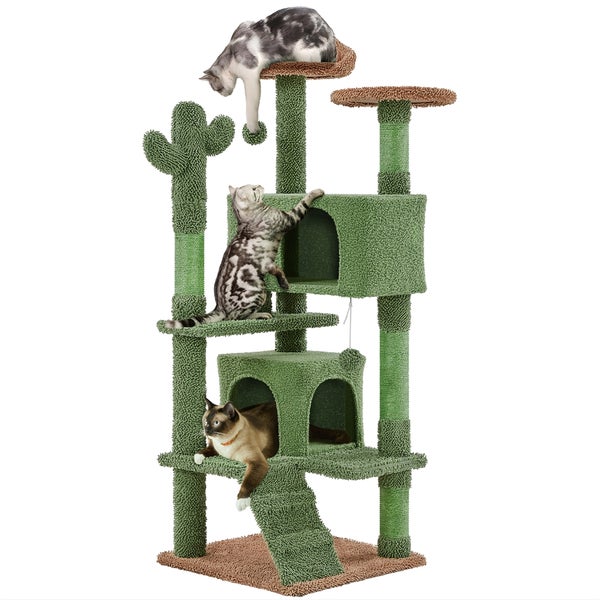Mehrstöckiger Katzenkratzbaum mit Liegeflächen und Katzenhäusern mit drei Katzen