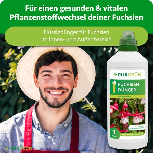 Purgrün Fuchsien Dünger, 1 Liter Flüssigdünger für circa 200 Liter Gießwasser, für den Innen- und Außenbereich, Gärtner mit Hut.