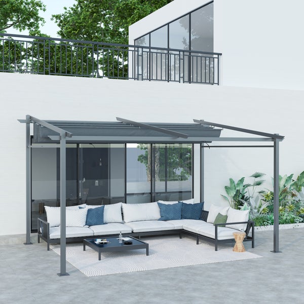 Outsunny Terrassendach Pergola ca. 4x3m Terrassendachung Garten Pavillon Aluminium, Wandmontage, Gartenpavillon mit Verstellbares Dach, UV Schutz, Sonnenschutz für Terrasse und Garten, Dunkelgrau