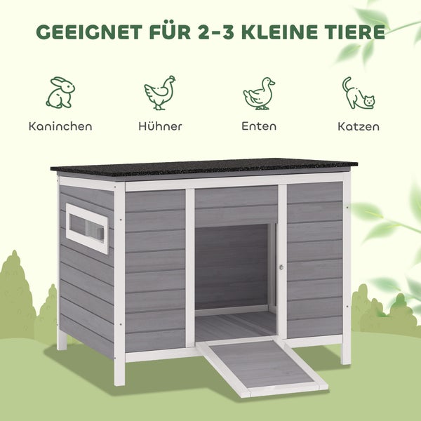 Kleintierhaus aus Holz, geeignet für zwei bis drei kleine Tiere wie Kaninchen, Hühner, Enten oder Katzen, mit Rampe und Wetterschutzdach.