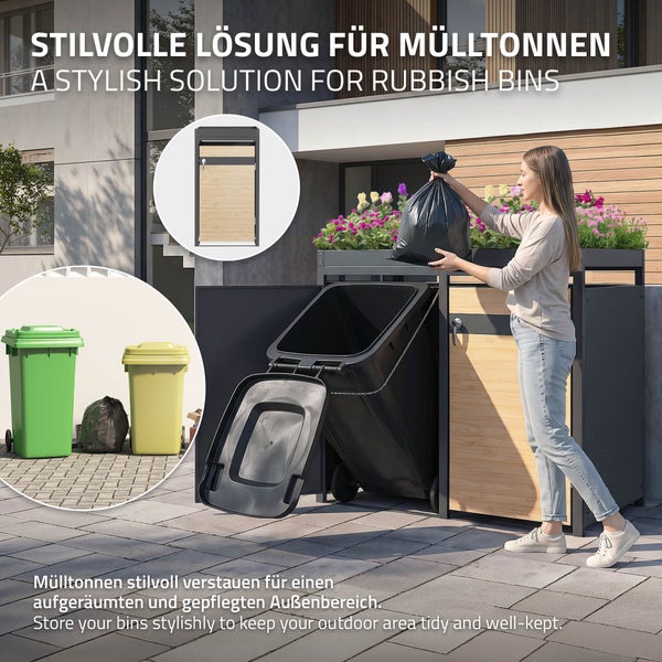 Moderne Mülltonnenbox aus Metall und Holz mit Pflanzdach im Garten, eine Frau entsorgt einen Müllsack in einer gekippten Tonne.