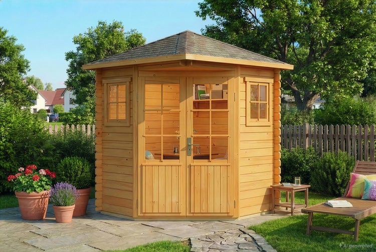 Fünfeckiges Gartenhaus aus Holz mit Doppeltür und Fenstern auf einer Terrasse im Garten platziert.