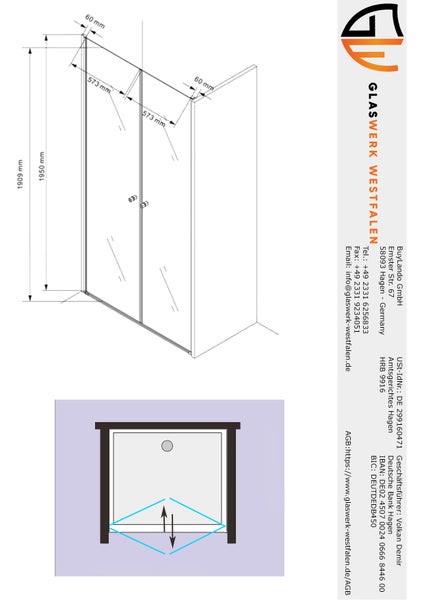 Technische Zeichnung einer Duschkabine mit Maßangaben