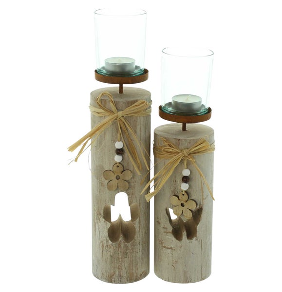 FRANK FLECHTWAREN | Windlicht Blüten, 2er Set, HOLZ, METALL, GLAS, BAST, 8 x 8 x 30 cm, 8 x 8 x 35 cm