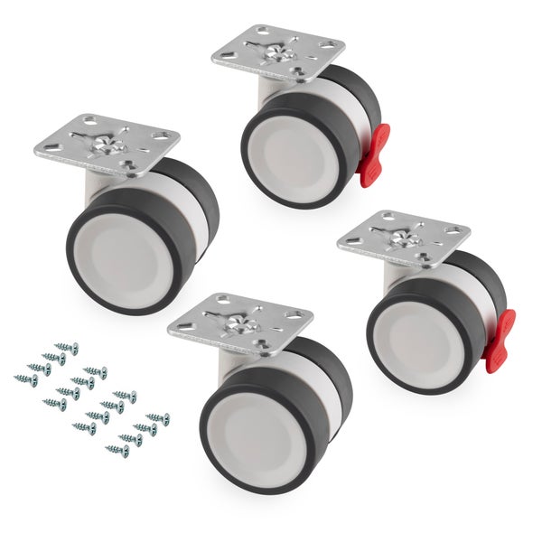 Set aus vier Möbel-Doppelrollen mit Metall-Montageplatten, zwei mit Bremse, inklusive Schrauben.