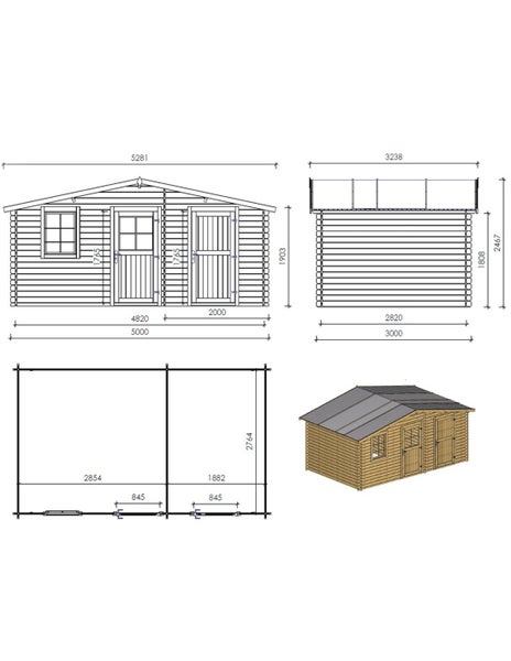 Technische Zeichnung und Ansicht eines Gartenhauses aus Holz mit Maßangaben für Aufbau und Planung.
