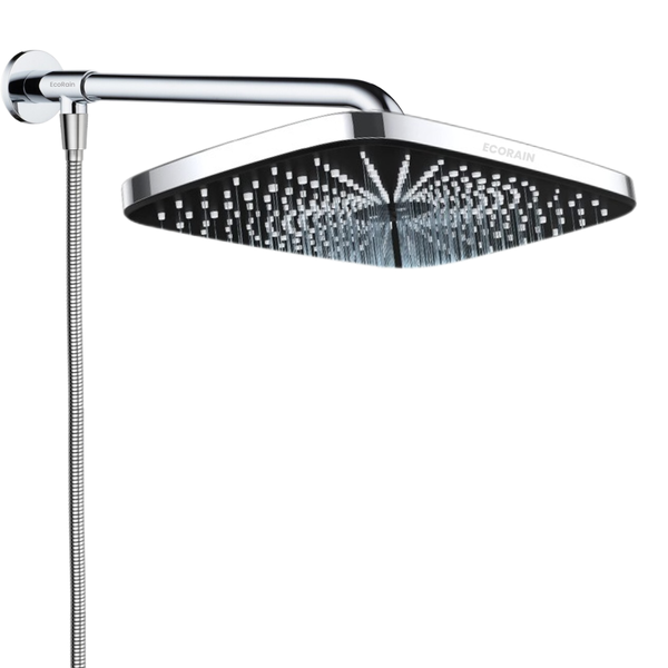 EcoRain 30% Wassersparender Regenduschkopf Melvin 30 CM mit Wand-Duscharm und Schlauchanschluss - Hoher Wasserdruck - Universeller Anschluss - Anti-Kalk Duschkopf - Chrom