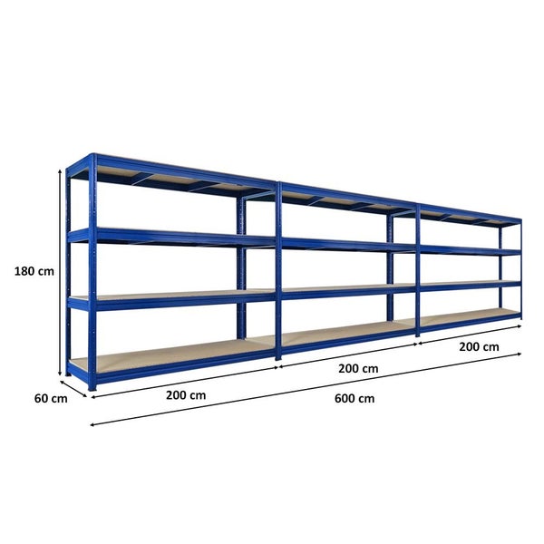 Langes, blaues Metallregal mit hölzernen Einlegeböden und Maßangaben
