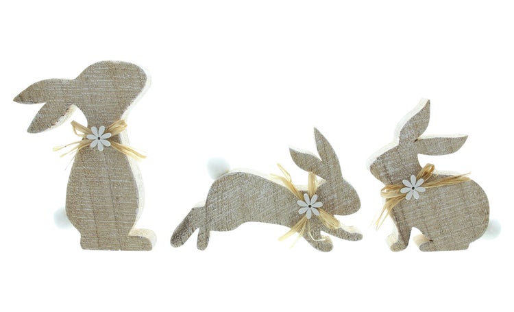 FRANK FLECHTWAREN | Osterdeko Hasentrio, 3er Set, HOLZ, 15 x 2 x 10cm, 9,5 x 2 x 12cm, 10,5 x 2 x 15cm