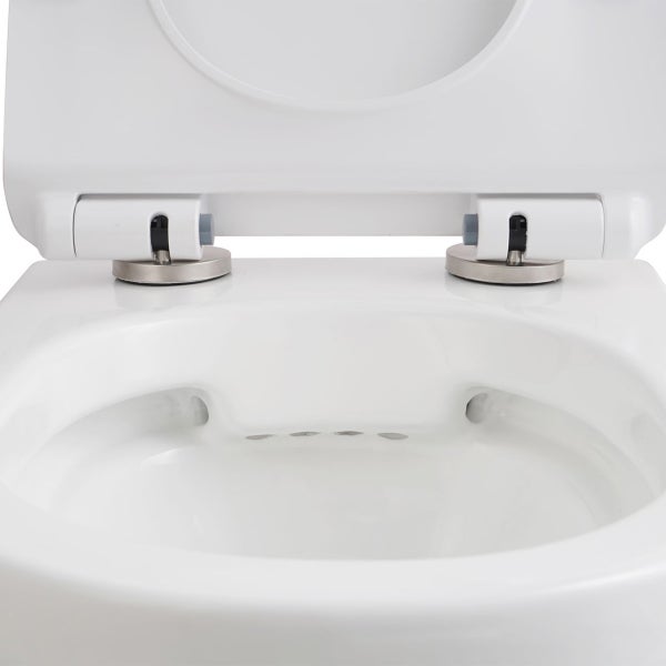 Toilettensitz-Scharnier und spülrandloses Toilettenbecken aus weißer Keramik.