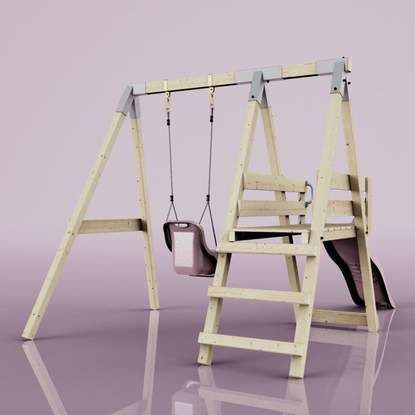 Schaukelgestell aus Holz mit Kletterturm, Leiter, Rutsche und einer Einzelschaukel für den Garten.