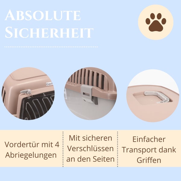 Details einer Haustiertransportbox mit sicheren Verschlüssen, Tür mit Verriegelungen und Griffen für einfachen Transport.