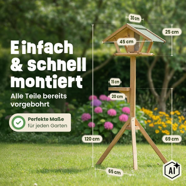 Holz Vogelhaus auf Standfuß mit Maßangaben für eine einfache Gartenmontage