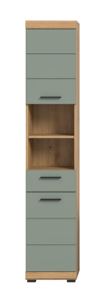Hoher Badezimmerschrank mit Schubladen und offenen Fächern in Holzoptik und matter Oberfläche