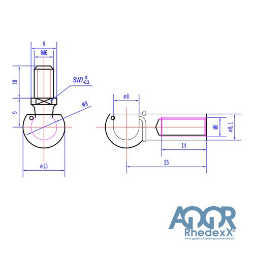 Technische Zeichnung eines Kugelzapfens und einer Kugelpfanne für Gasdruckfedern mit M6 Gewinde und Maßen in Millimeter, AQQR Rhedexx Logo.