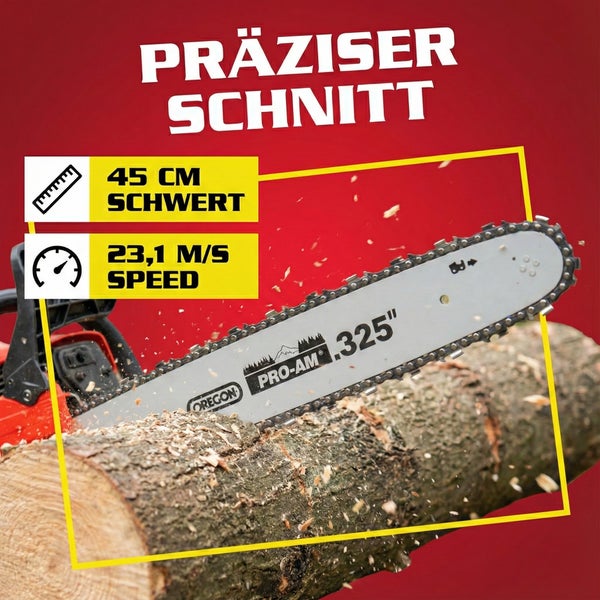 Motorsäge im Einsatz mit 45 Zentimeter Schwert und 23,1 Meter pro Sekunde Geschwindigkeit