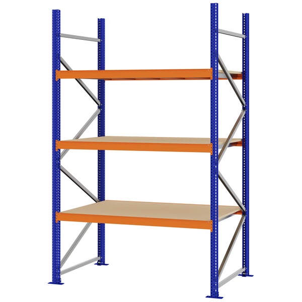 Schwerlastregal mit drei Holzböden, stabilem blauem Stahlrahmen und orangefarbenen Traversen.