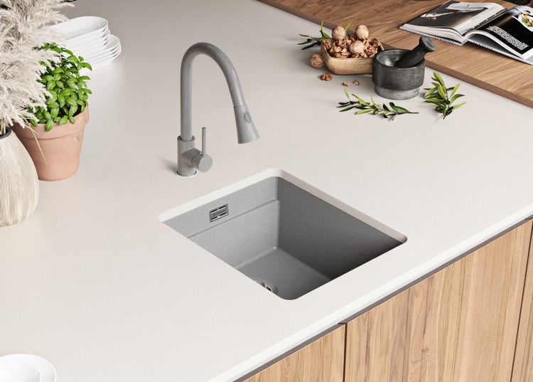 PRIMAGRAN Unterbauspüle Granit Grau 41x47cm, Spülbecken 1 Becken + Ablauf-Set + Aufrollbare Abtropffläche, Granitspüle ab 45er Unterschrank - Praga