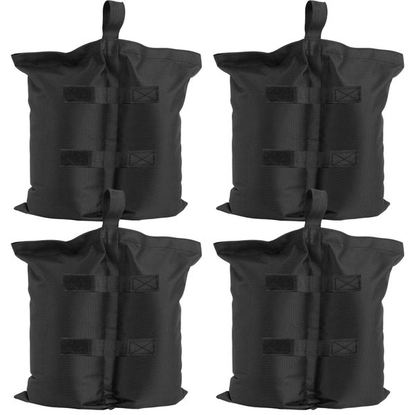 Vier schwarze Gewichtstaschen aus robustem Textil für Pavillons mit Klettverschlüssen und Tragegriffen.