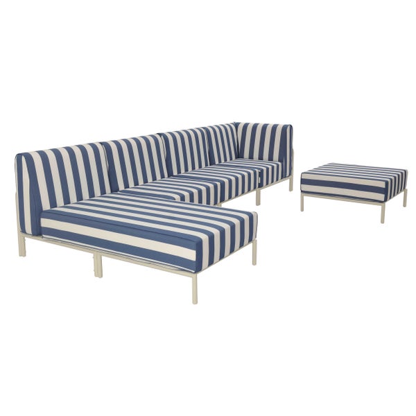 Modulares Lounge-Ecksofa und Hocker mit blau-weißem Streifenmuster.