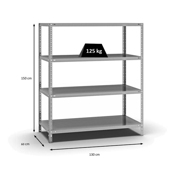 PROREGAL Fachbodenregal Schraubsystem Light-Duty Grundregal HxBxT 150 x 130 x 60 cm 4 Ebenen Fachlast 125 kg Beidseitig Nutzbar Verzinkt