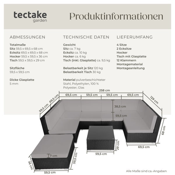 Rattan Lounge tectake Venedig mit Sicherheitsglasplatte für 6 bis 7 Personen schwarz/grau
