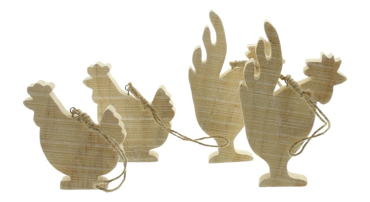 FRANK FLECHTWAREN | Hänger Huhn & Hahn, 4er Set, HOLZ, SISAL, H: 10cm, H: 15cm