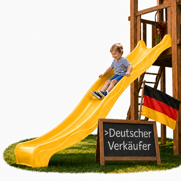 Kind rutscht auf einer Wellenrutsche aus Kunststoff an einem Spielturm aus Holz. Tafel mit Aufschrift Deutscher Verkäufer und Deutschlandfahne.