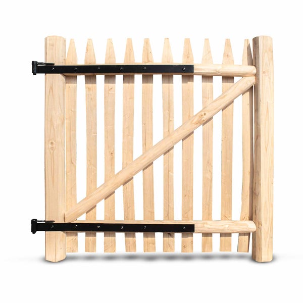 Premium Staketenzaun-Tor aus Edelkastanie, Breite 120 cm, Höhe 175 cm (gezapft und geschraubt) inkl. Beschläge, vormontiert