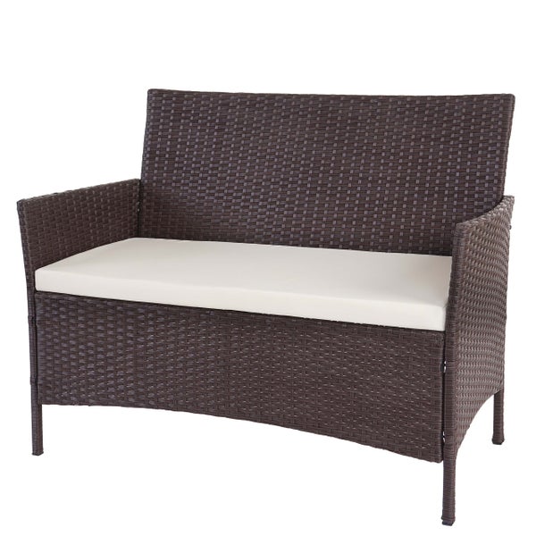 2-Sitzer Gartenbank aus Polyrattan-Geflecht in Braun mit hellem Sitzkissen.