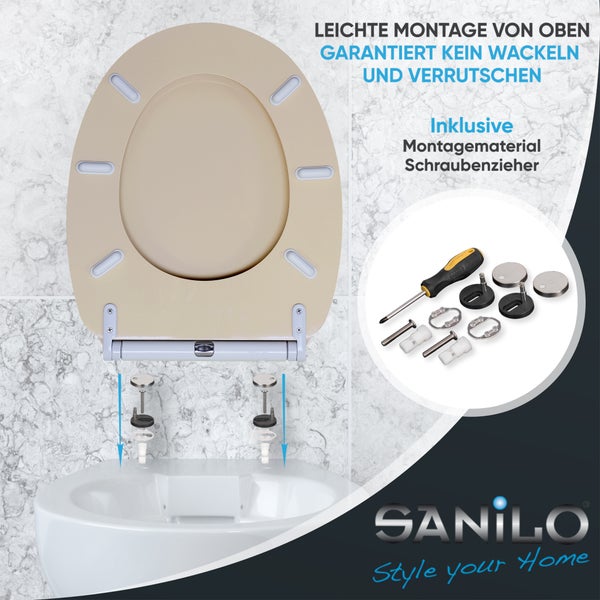 WC-Sitz inklusive Montagematerial und Schraubenzieher für die einfache Installation von oben, Sanilo Logo.