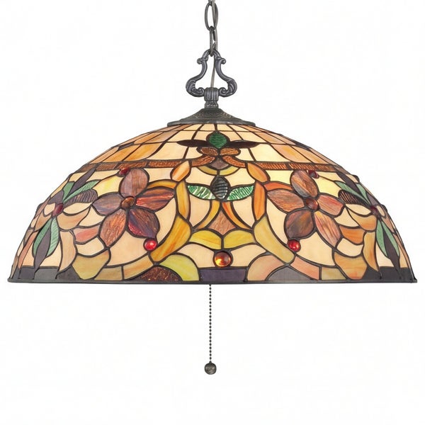 Tiffany-Hängeleuchte mit floralem Buntglasschirm und Zugschalter.