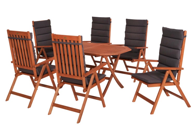 Gartengarnitur mit Holzrahmen, sechseckigem Tisch und sechs Stühlen mit Polsterung