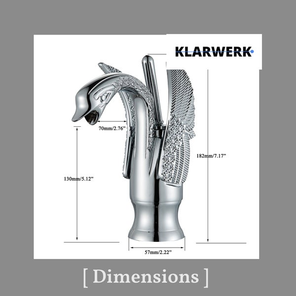 Klarwerk Waschtischarmatur in Schwanenform mit Maßangaben in Millimeter und Zoll
