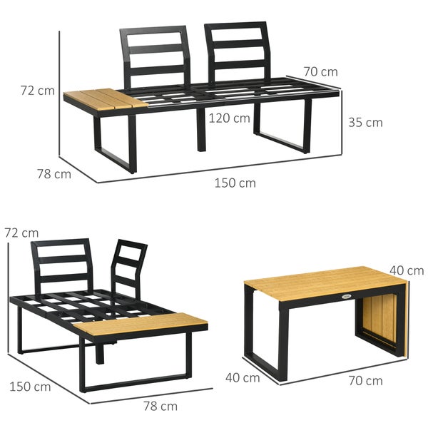 Outsunny 3-tlg. Gartenmöbel-Set, Balkonmöbel mit Sitzkissen, Gartenlounge-Set mit Doppelsofa, Ecksofa, Couchtisch, für Balkon, Terrasse, Alu, Natur+Dunkelgrau