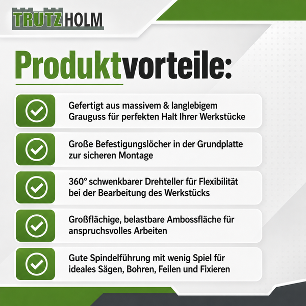 Produktvorteile des TrutzHolm Schraubstocks auf einer Infografik mit fünf aufgelisteten Qualitätsmerkmalen aus Grauguss und zur Montage.