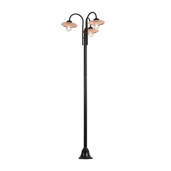 Dreiflammige Außenstehlampe im klassischen Stil mit runden Schirmen und Leuchtmitteln für die Gartenbeleuchtung
