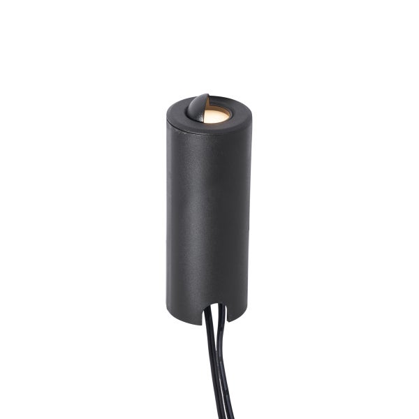 Zylindrische LED-Leuchte in Schwarz für den Außenbereich mit Kabelanschluss und Lichtaustritt an der Oberseite.