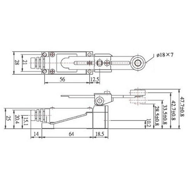 Technische Zeichnung eines Schalters mit Maßen