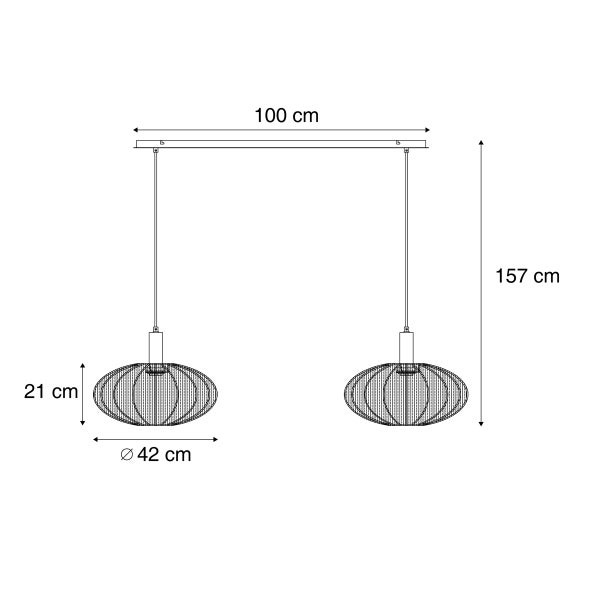 Maße der zweiflammigen Pendelleuchte: Höhe 157 Zentimeter, Länge 100 Zentimeter, Schirmdurchmesser 42 Zentimeter, Schirmhöhe 21 Zentimeter.