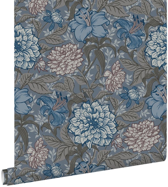 ESTAhome Tapete Blumenmuster Graublau und Grau - 0.53 x 10.05 m - 139480