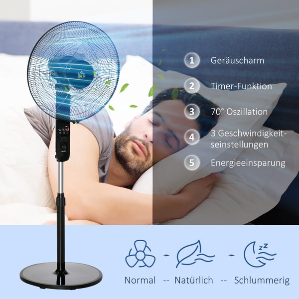 HOMCOM Standventilator mit Fernbedienung, Ventilator, Ø44,5 x H110-124 cm, Metall, Schwarz,