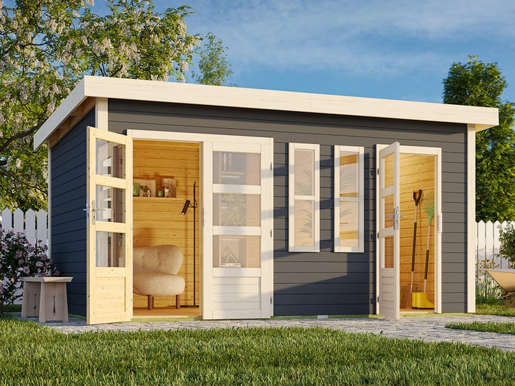 Modernes Gartenhaus aus Holz in Dunkelgrau mit Flachdach, unterteilt in Lounge-Bereich und Geräteraum, helle Türen mit Glaseinsätzen.