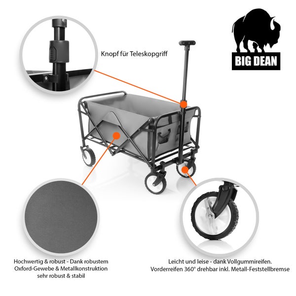 BigDean Bollerwagen faltbar grau belastbar bis 80kg – Bollerwagen platzsparend zusammenklappbar für Ausflüge, Camping & Einkäufe