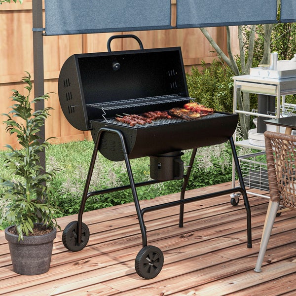 Outsunny Holzkohlegrill aus Metall BBQ Smoker mit Deckel Thermometer Räder verstellbarer Kohlewanne Griff, fahrbar Grillwagen Holzkohle Grill, Kohlegrill für Barbeque Camping, Terrasse, 95x71,5x102 cm