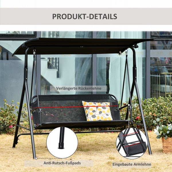 Outsunny Hollywoodschaukel, 2-Sitzer Outdoor Gartenschaukel, winkeleinstellbar, UV-beständig, Metallrohr, Schwarz