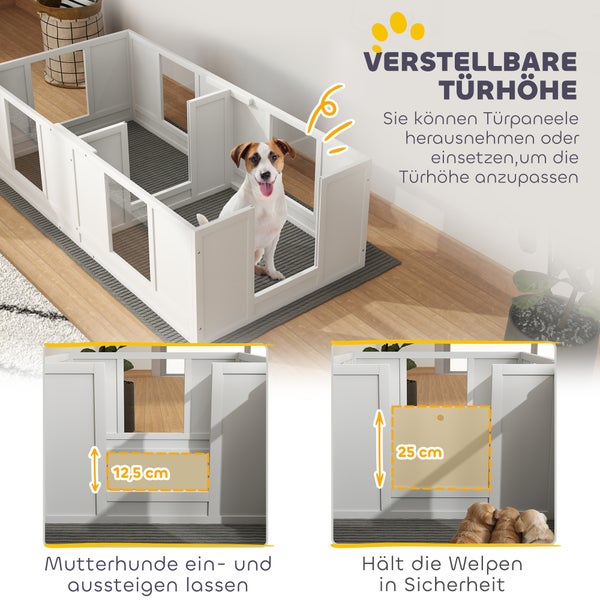 PawHut Wurfkiste für Welpen, Welpenauslauf mit 2-Raum-Design, Hundelaufstall mit Tür Welpen-Wurfbox, Welpenlaufstall für kleine Hunde, 164x80x48 cm, Weiß