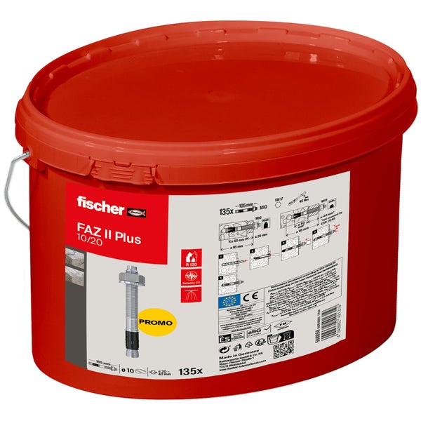 Fischer Logo. Roter Eimer mit Fischer FAZ II Plus 10/20 Ankerbolzen, 135 Stück.